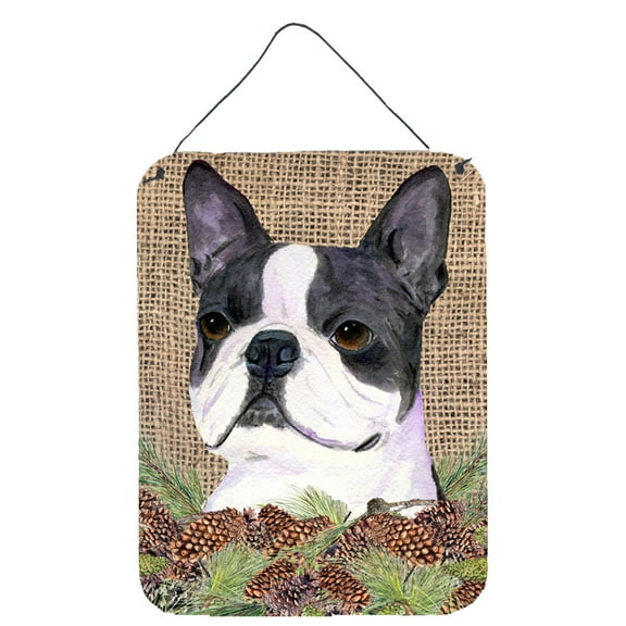 Boston Terrier on Faux Burlap with Pine Cones Wall or Door Hanging Prints