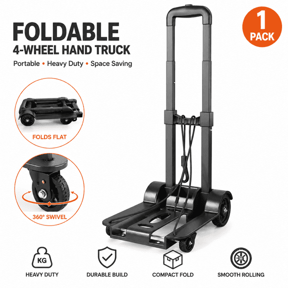 Foldable 4-Wheel Heavy Duty Hand Truck Dolly with Push-Button Telescoping Handle, Compact Luggage Cart for Travel, Shopping & Moving
