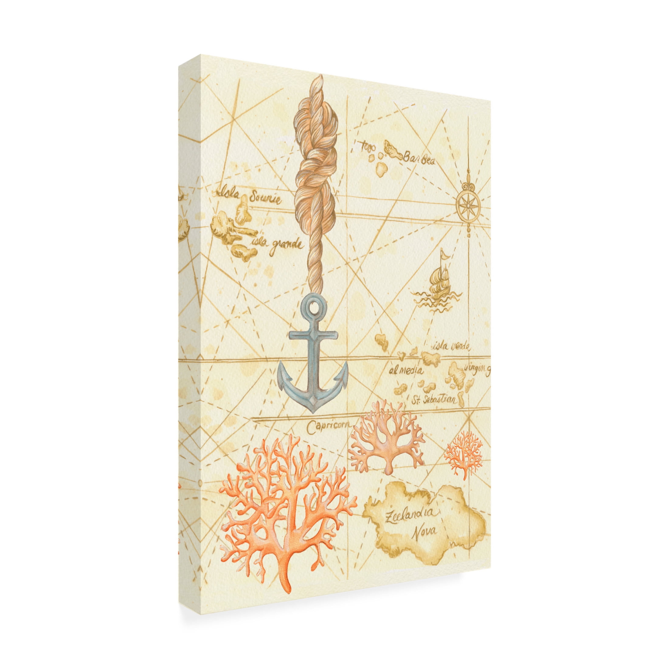 Canvas Wall Art - Andrea Strongwater 'Map W Anchor N Rope' Wall Art for Living Room, Bedroom, or Office Décor by Trademark Fine Art - 12 x 19 Inches
