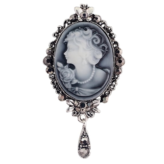 Gyn&Joy Womens Rhinestones Grey Purple Vintage Antique Tear Drop Cameo Lady Brooch Pin (Grey)