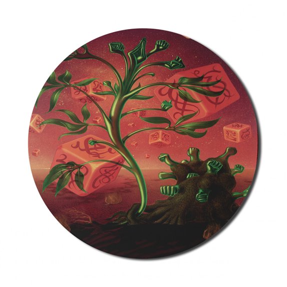 Psychedelic Mouse Pad for Computers, Trippy Surreal Picture with Fantasy Cubes and Unsual Plants Visual Motif, Round Non-Slip Thick Rubber Modern Mousepad, 8" Round, Scarlet Green, by Ambesonne