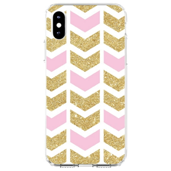 DistinctInk Clear Shockproof Hybrid Case for iPhone XS Max (6.5" Screen) - TPU Bumper, Acrylic Back, Tempered Glass Screen Protector - Pink & Gold Print - Random Chevron Pattern