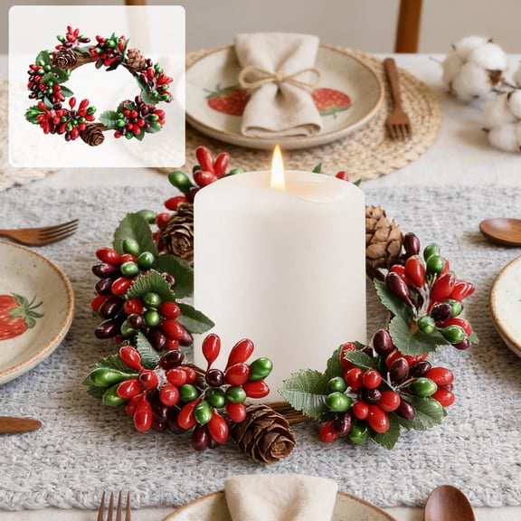EWASWON Candle Ring Mini Wreath Artificial Christmas Wreath with Red Berries Pinecones Faux Holiday Table Centerpiece for Pillar Candle Holder Home Decor Wall Hanging