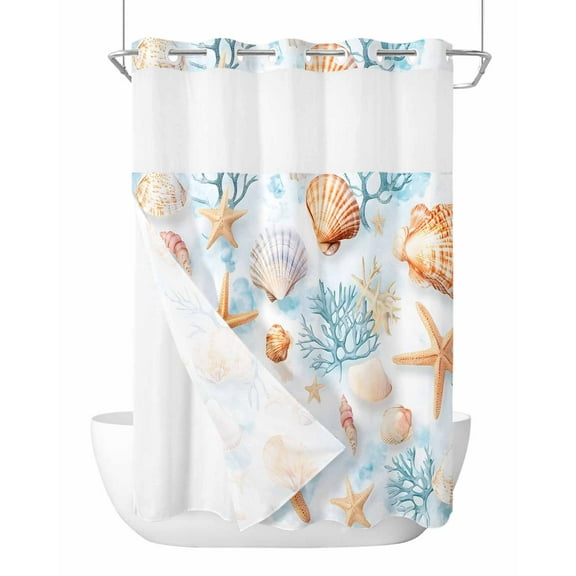 No Hook Shower Curtains with Snap in Liner, Orange Blue Coastal Fabric Shower Curtain, Nautical Summer Starfish Coral Beach Double Layers & See-Through Top Window Bathroom Curtains 60''x72''