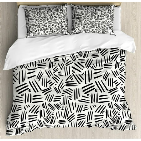 Ivory And Black Duvet Cover Set Queen Size Random Stripes Pattern