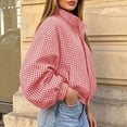 thumbnail image 3 of Aswuknt Womens Gingham Bomber Jacket Plaid Oversized Zip Up Stand Collar Casual Coat Spring Fall Cropped Jackets With Pockets, 3 of 6