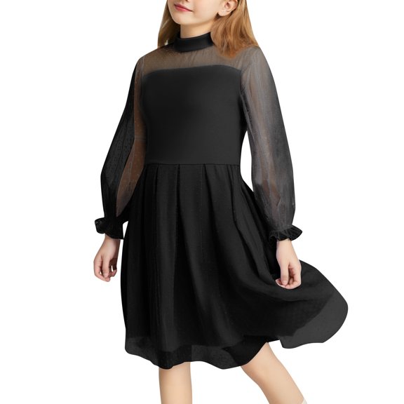 Gelikeya Daddy Daughter Dance Dresses Size 10-12 Solid Color Contrast Mesh Puff Long Sleeve Neck Formal Party A Line Casual Dress (Tweens, Black, 5-6 Years)