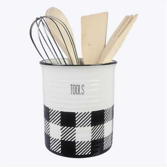 Youngs 21076 Ceramic Buffalo Plaid Kitchen Tool Holder with Tools, Black & White