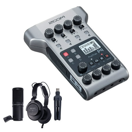 Zoom PodTrak P4 Portable Multitrack Podcast Recorder Bundle with Zoom ZDM-1 Podcast Pack