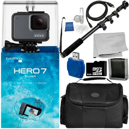 GoPro HERO7 HERO 7 Silver 9PC Accessory Bundle - Includes 64GB microSD Memory Card + High Speed Memory Card Reader + Memory Card Wallet +