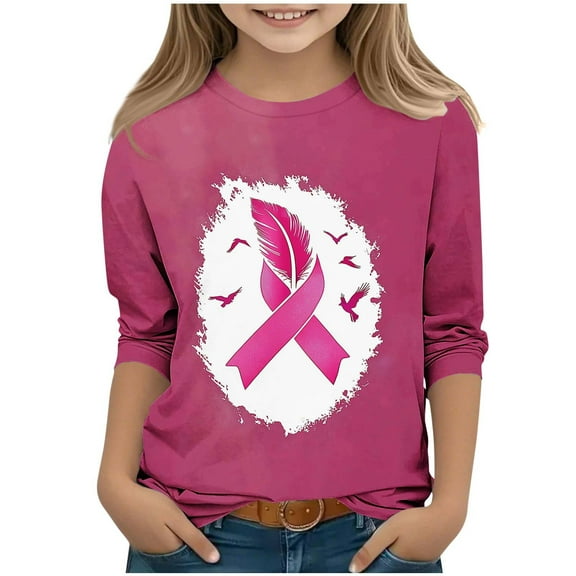 Ugoldhm Girls T Shirts Round Neck Pink Ribbon Printed Tops Breast Cancer Awareness Blouse