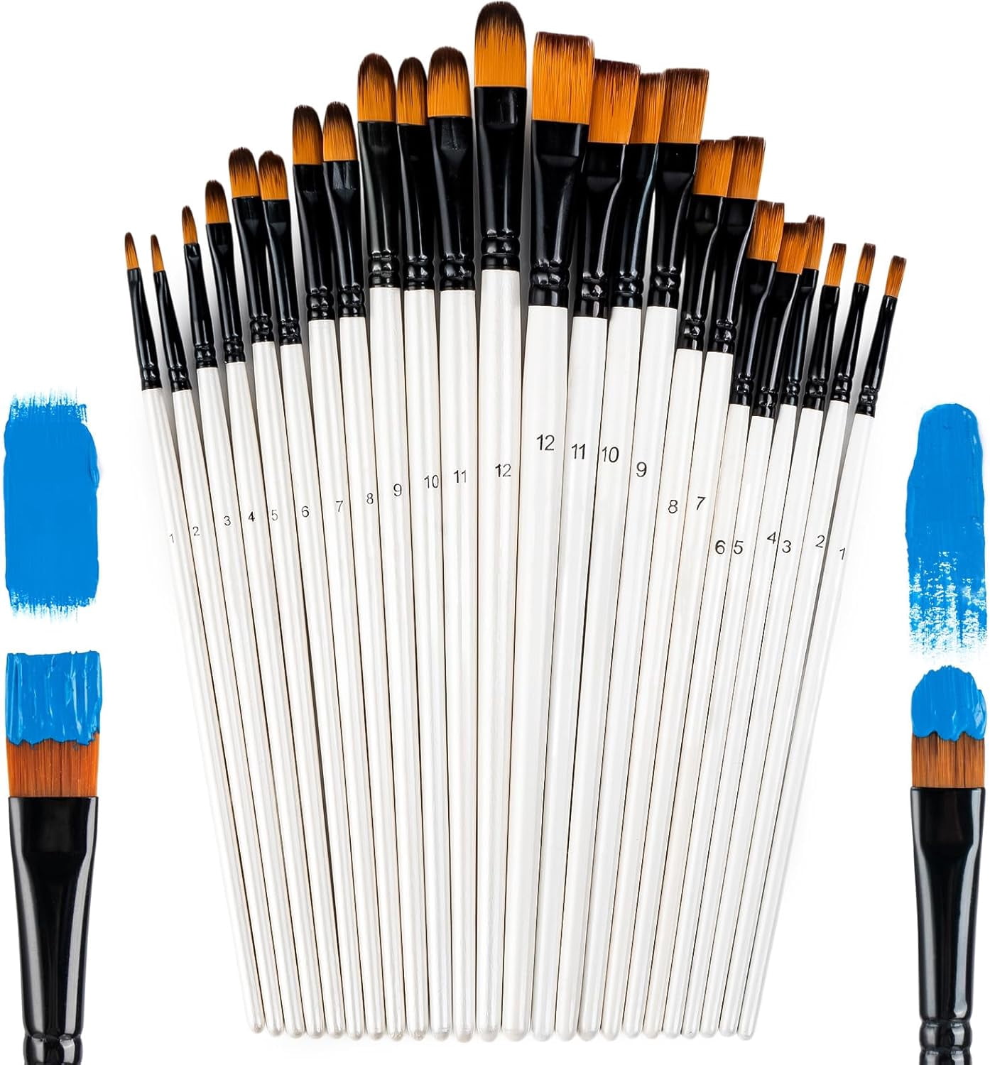 JJEAN-Flat Filbert Paint Brushes Set, 24 Pcs Nylon Paintbrushes for Acrylic Watercolor Oil Gouache, Craft Detail Face Body Painting Artist Kit, Paint by Number Brushes