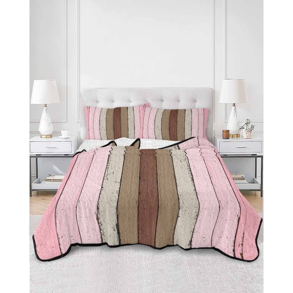 Quilts King Size, Pink Wood Grain Soft Comforter Bedding Set for Bed, Brown Vintage Mottled Country Stripes Lightweight Quilted Bedspread with Pillow Cover(2 Pieces) for All Season, 96x106 Inch