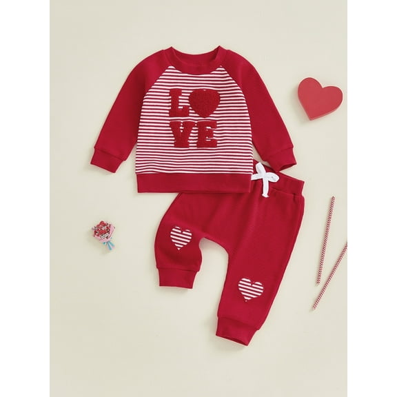Loicainy Baby Boy Clothes for Valentine's Day Red LOVE Outfit, Toddler Boys Spring Long-Sleeve Set, Top 95%Cotton 5%Elastane, Pants 35%Cotton 65%Polyester, Sizes 0-6M/6-12M/12-18M/18-24M/2-3Y