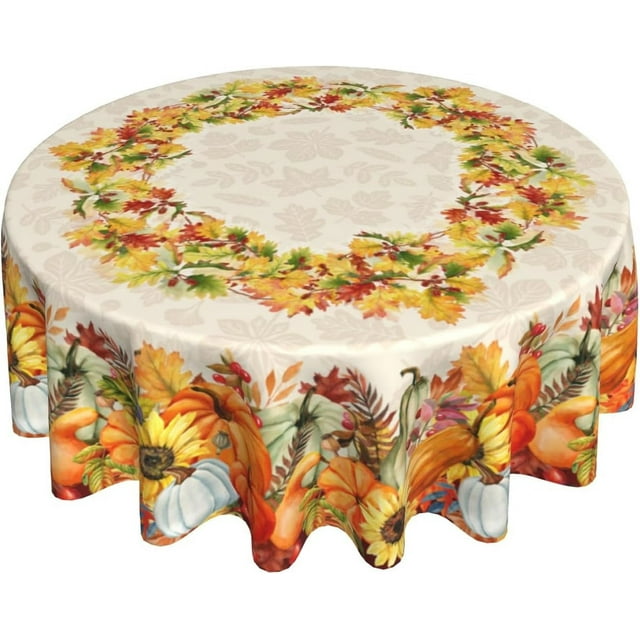 Fall Tablecloth Round 60 Inch Pumpkin Sunflower Maple Leaf Autumn Colored Thanksgiving Harvest Print Decorative Washable Polyester Table Cloth for Party Picnic Home Kitchen Decor