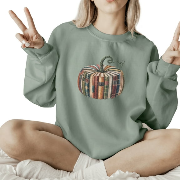 Fall Pumpkin Books Sweatshirt Women Long Sleeve Thanksgiving Fashion Graphic Shirts Cozy Weather Lover Pullover Tops