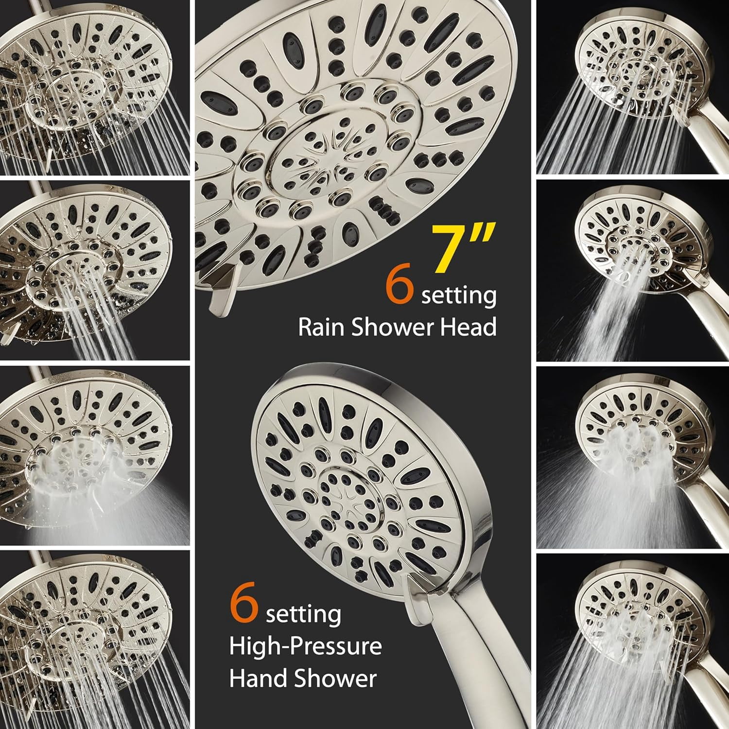 Premium High Pressure 3-Way Rainfall Combo for The Best of Both Worlds - Enjoy Luxurious Rain Showerhead and 6-Setting Hand Held Shower Separately or Together