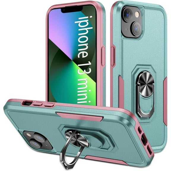Case for iPhone 13 Mini Dual Layer Shockproof Protective Phone Case, Military- Grade Heavy Duty Cover Case for 13 Mini 5.4inch (Green Pink)