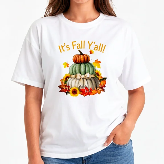 Women's It's Fall Y'all Pumpkin Graphic T-Shirt, Sunflower Cotton Crew Neck Thanksgiving Tee
