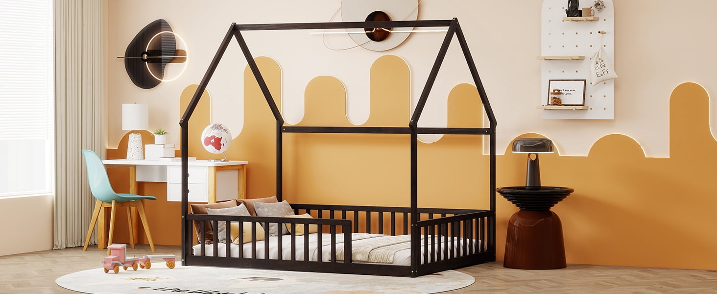 Full Size House Floor Bed with Full Surround Safety Fence, Solid Pine Wood Montessori Kids Playhouse Bed Frame Max 300 LBS No Box Spring Needed for Toddler Bedroom Nursery