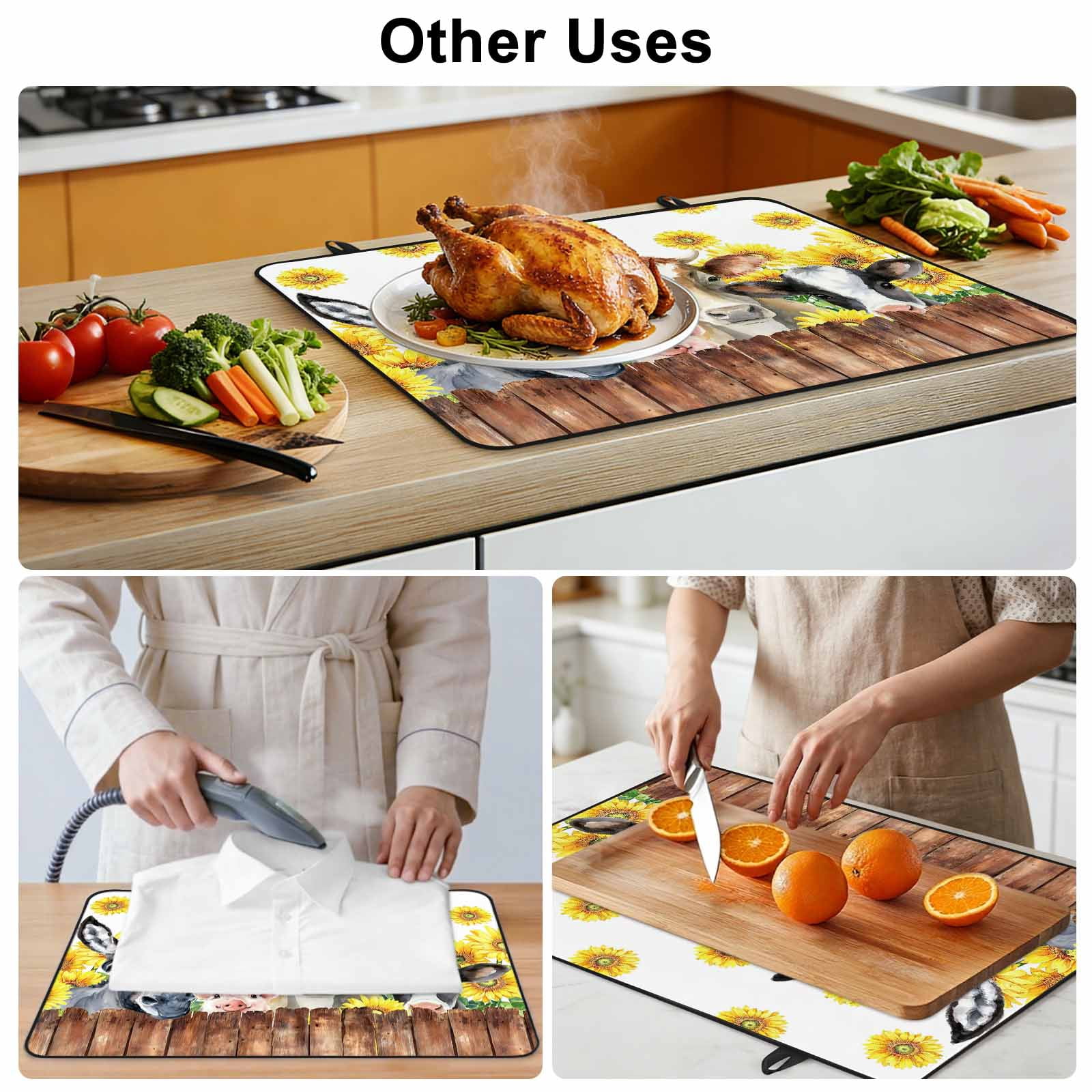 Sunflowers Farm Animals Stove Top Cover for Electric Stove, Heat-proof & Non Slip Glass Top Stove Cover Protector, Vintage Wooden Animals Kitchen Flat Cooktop Rubber Mat 24x21 Inches