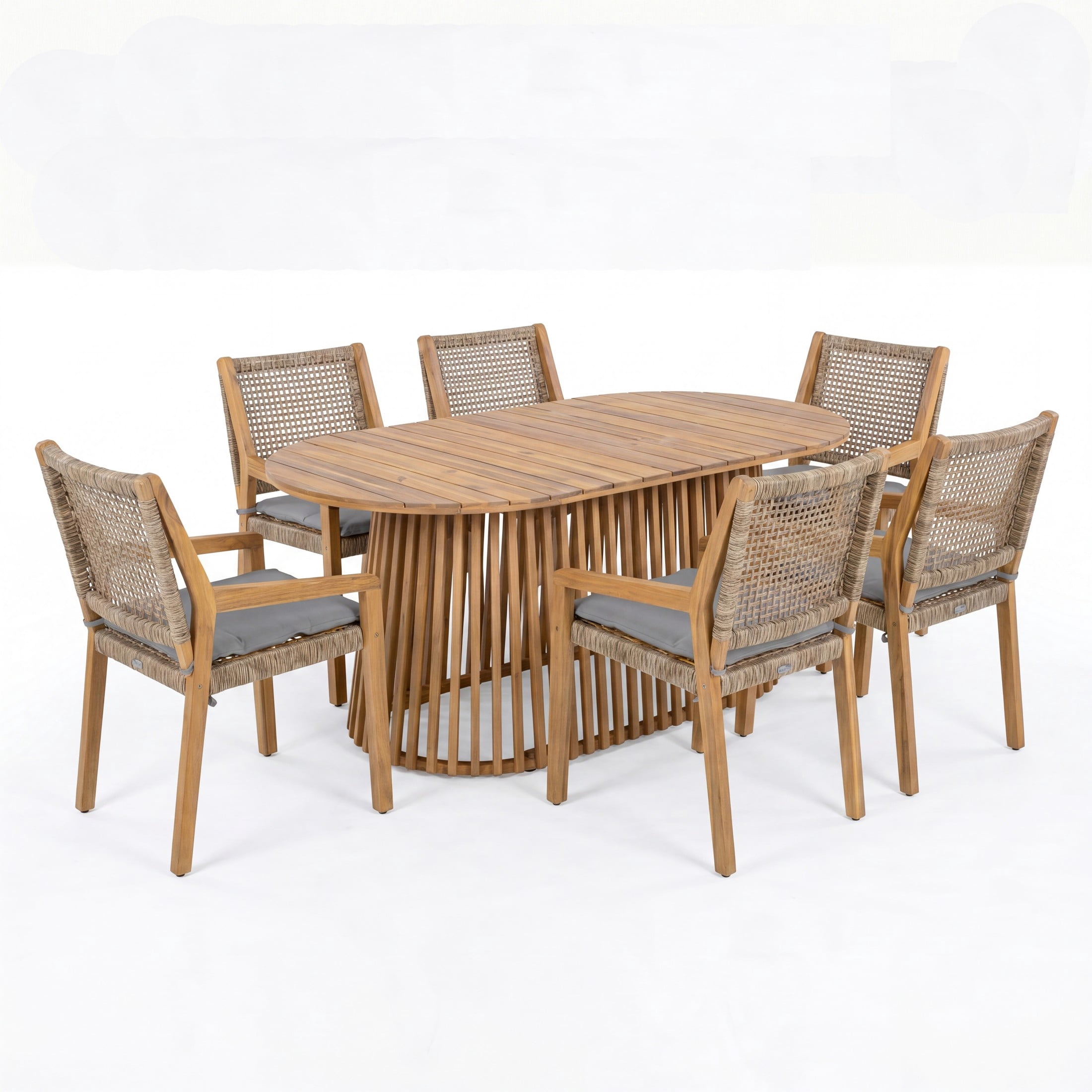 Christopher Knight Home 7-Piece Modern Outdoor Dining Set, Oval Table & 6 Wicker Chairs, Teak+Gray