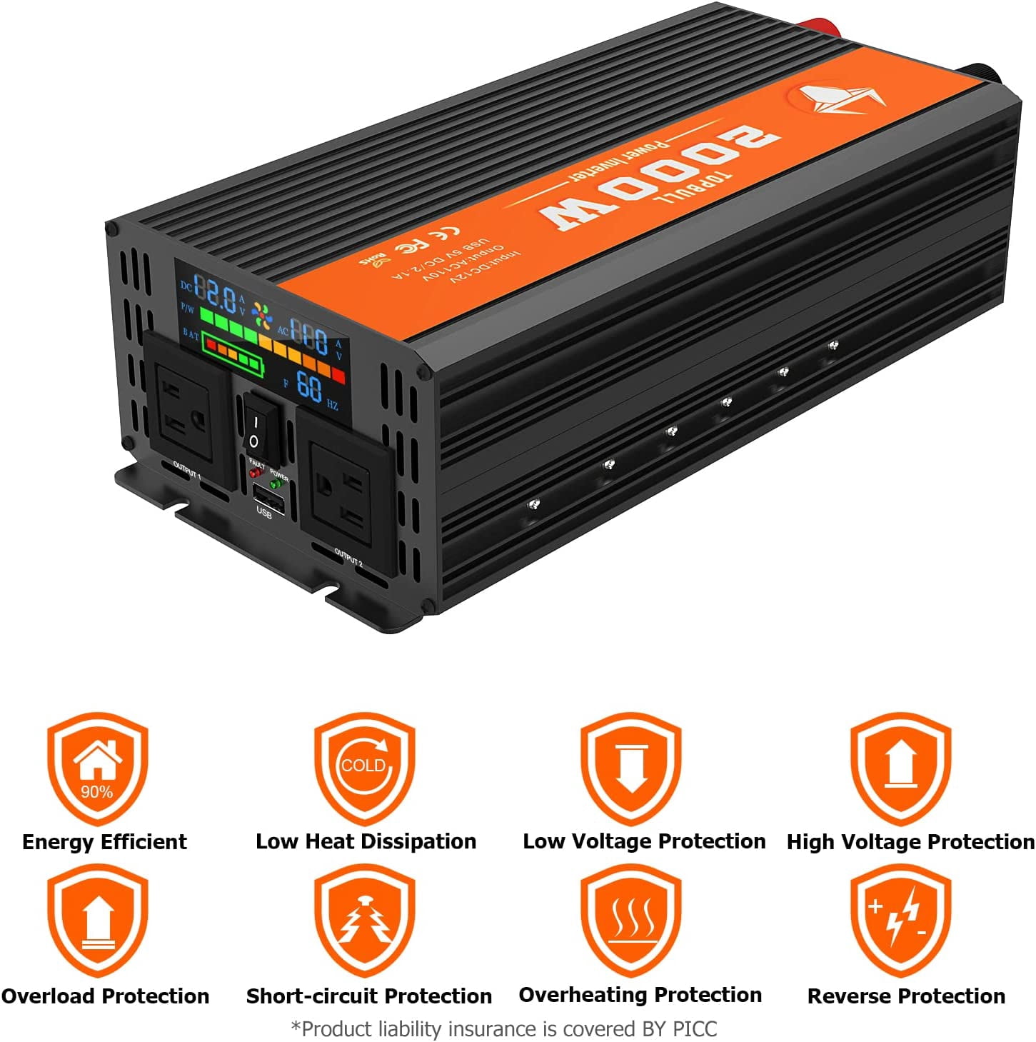 2000 Watt Power Inverter, Car/Outdoor 12V DC to 110V AC Converter, with LED Display, Dual AC Outlets, USB Port, Dual Smart Fans, Cables Included, Suitable for RV, Outdoor, Camping, Boat, Emergency