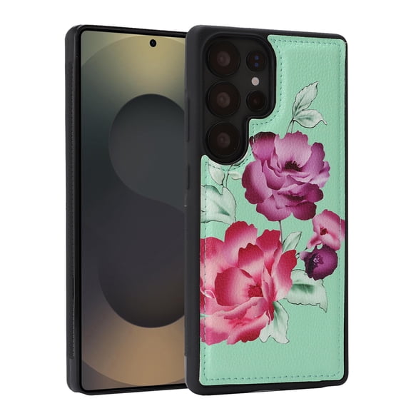 Floral PU Leather Case for Samsung Galaxy S26 Ultra, Slim Shockproof Protective Cover, TPU Bumper Anti-Scratch Lightweight Elegant Phone Case for Women Girls, Green
