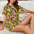 thumbnail image 4 of Xecao Tulips Flowers Pattern Women's Short Sleeve Pajama Set Soft Sleepwear Lounge Set with Button Front Top and Drawstring Shorts with Pockets-X-Large, 4 of 6