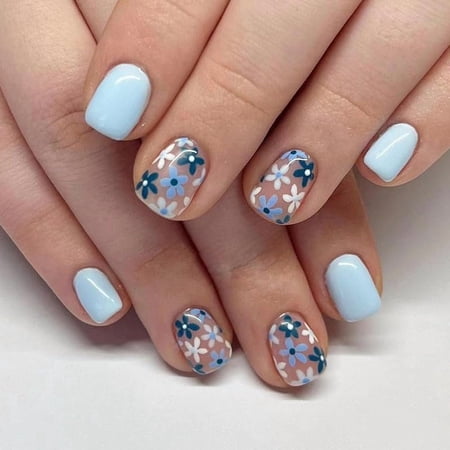 Press on Nails Acrylic Fake Nails with Design Full Cover False Nails Reusable Nail Kit with Nail Glue Adhesive Tabs Nail File Artificial Glue on Nails (red-orange color 24Pcs) azure blue flower