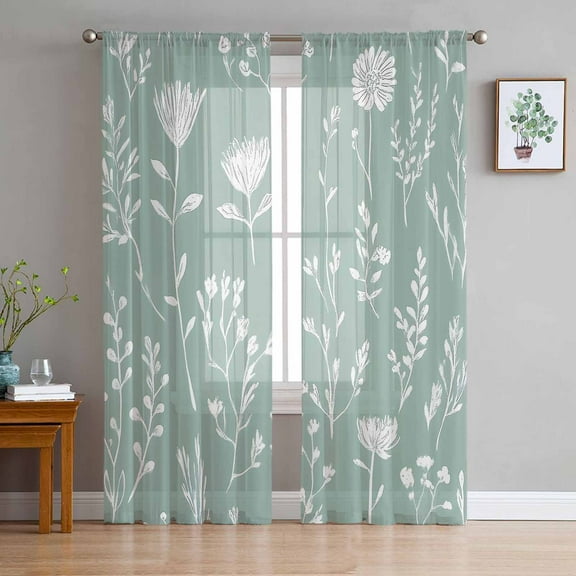 White Teal Spring Floral Sheer Curtains 84 Inches Long 2 Panels Set, Window Sheer Curtains for Living Room/Bedroom, Summer Flowers Botanical Light Filtering Rod Pocket Curtain 52'' x 84'' x 2