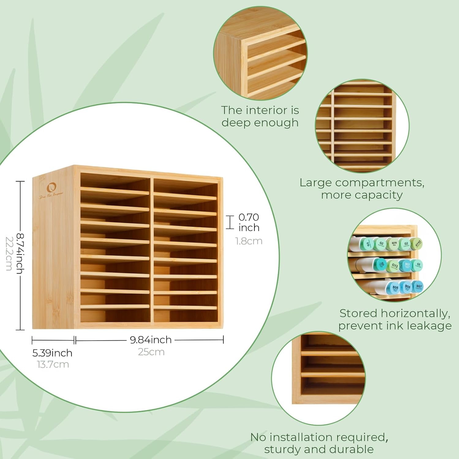 Ohuhu Bamboo Marker Organizer, Holds 126 Markers or Brushes, 18-Compartment Desktop Holder for Home