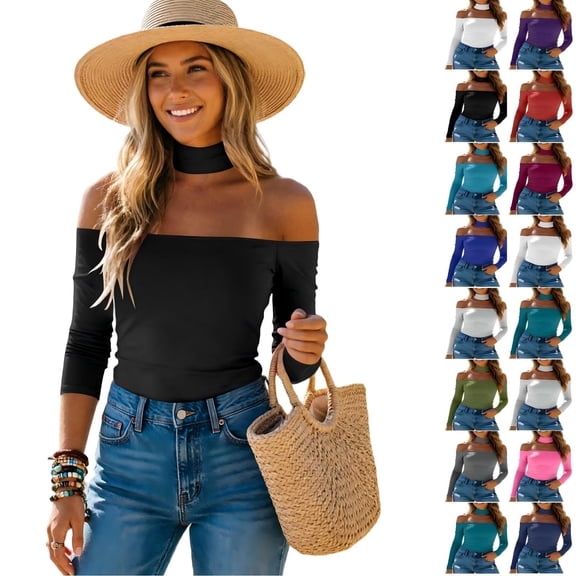 Tqcoqu Women's Off Shoulder Tops,Long Sleeve Slim Fit Stretchy Shirts Blouses Top,Matching Choker Neckline & Built-in Bra,Black Women's XS-XXL