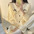 thumbnail image 4 of Pijamas de verano con lazo para mujer, ropa de dormir de manga larga, conjuntos de pijama con volantes sólidos, traje de 2 piezas, ropa de noche coreana, 4 of 4