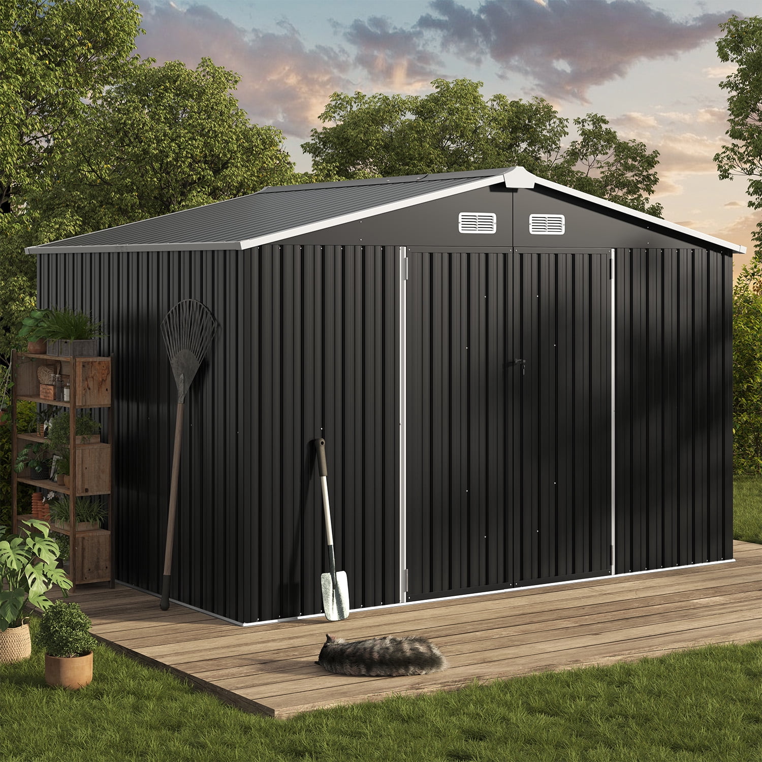 BaPiPro 10x8FT Metal Storage Shed, Outdoor Storage Lockable Tool Shed for Patio, Backyard, Black