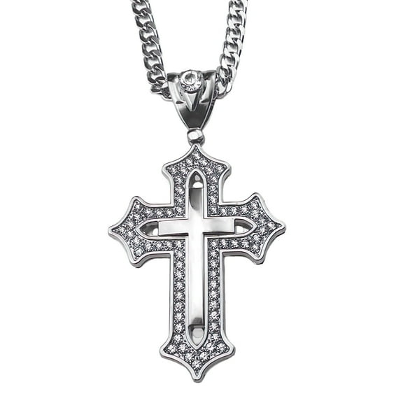 Mens Huge Fancy Iced Cross Pendant Necklace Flooded Out Silver Tone Hip Hop Cuban Chain 30" Inch
