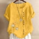 thumbnail image 1 of ICHUANYI Clearance Women's Short Sleeved Casual Plus Size Round Neck Printed Loose Button Cotton Linen Top(Yellow, XXL) ICHUANYI WER2023081013320, 1 of 5