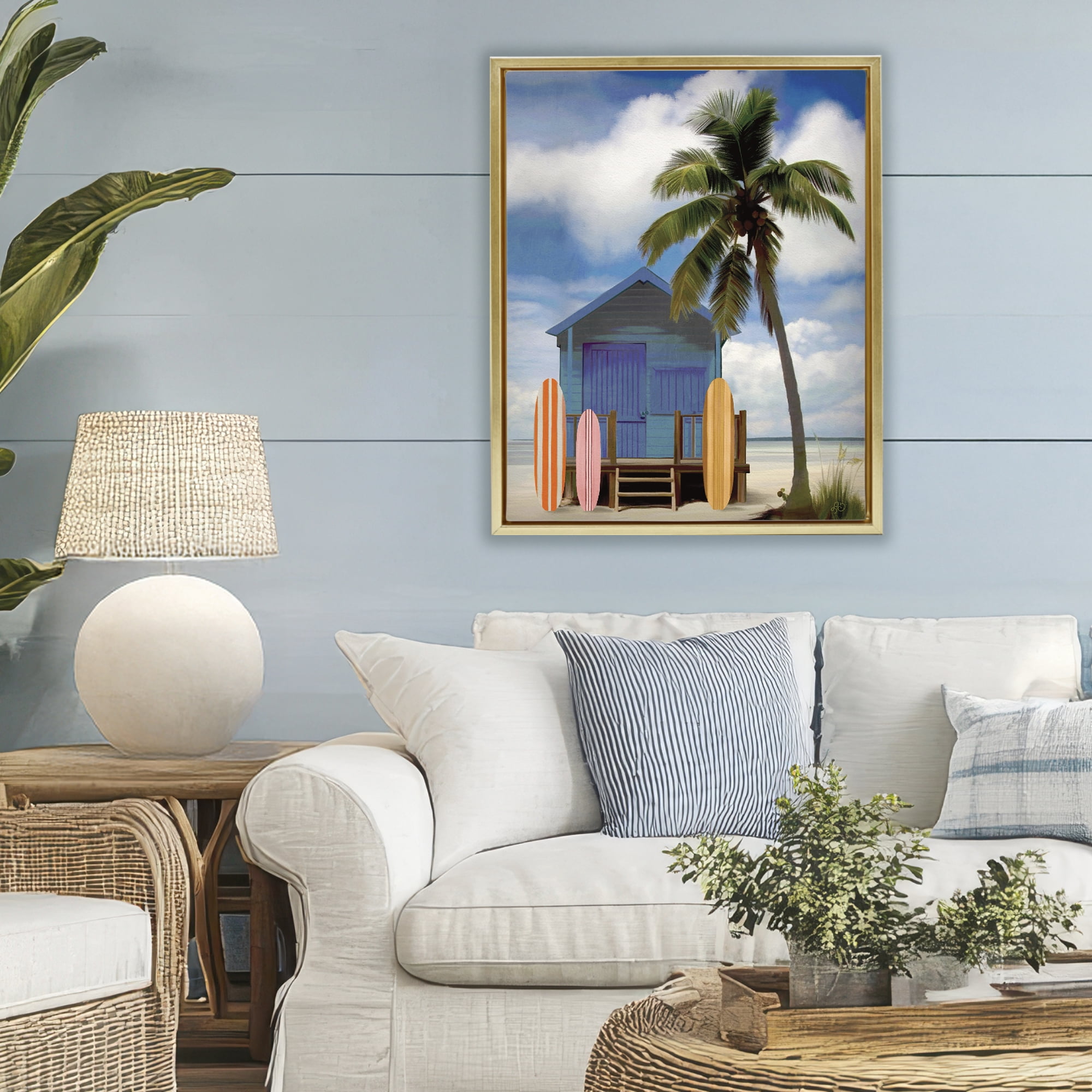 Stupell Industries Palm Overhanging Surf Shop Gold Framed Floater Canvas Wall Art, design by Lisa R Dumm