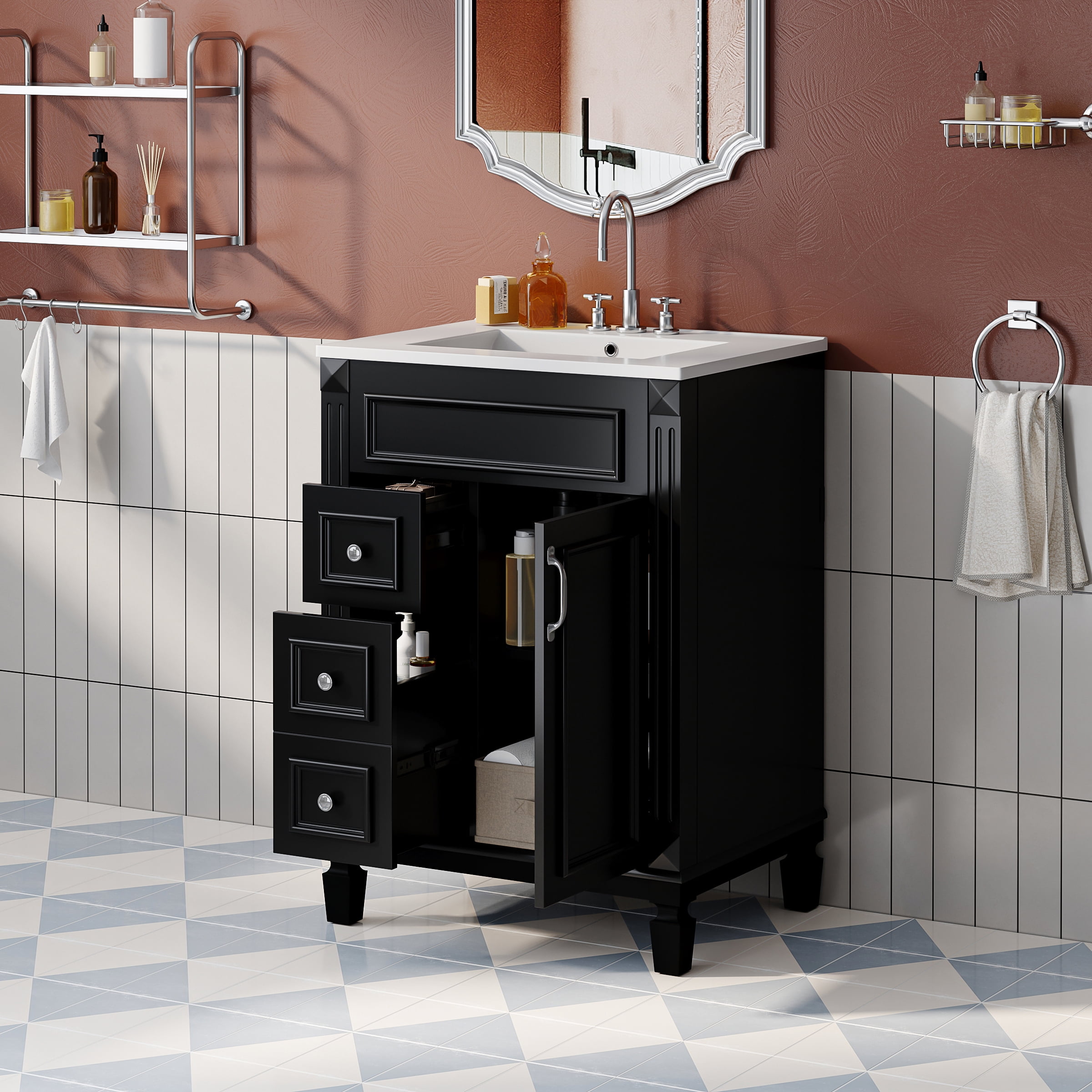 Euroco 24" Bathroom Vanity with Ceramic Sink, Small Bathroom Sink Cabinet, Modern Cabinet with 2 Drawers and Adjustable Shelf