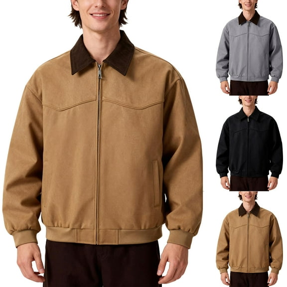 Men's Retro Lapel Canvas Cargo Jacket with Corduroy Lapel, Metal Zipper, and Side Pockets for Casual Outings, Workwear, and Holiday Events,Black,L