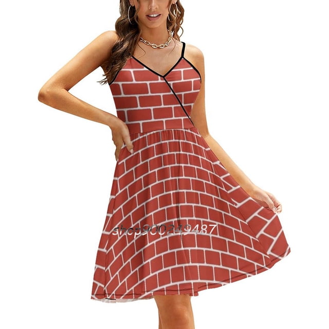 Brick Wall Pattern With Red Bricks Square Neck Dress Cute Loose Print Dresses Elegant Beach Party Dress Brick Pattern Wall Red