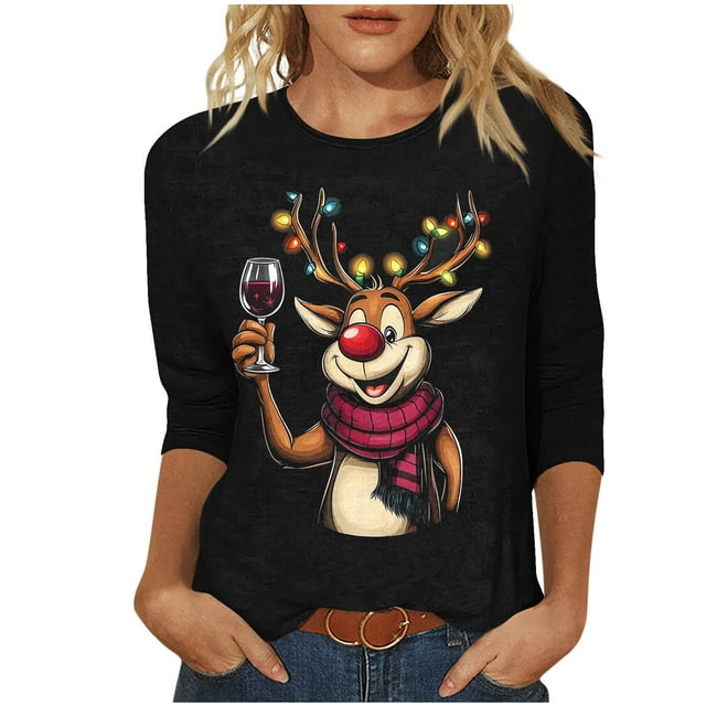 WRKEKC Womens Long Sleeve Tops Christmas Print 3/4 Sleeve Round Neck Pullover Fashion Top with Holiday Pattern and Easy Pull On Style for Festive Fun