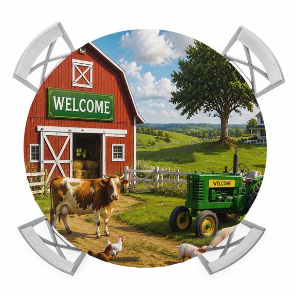 Farmhouse Round Table Cover, Rustic Red Barn Animal Tractor Cow Rural Fence Waterproof Fitted Tablecloths for 45"-54" Tables, Washable Picnic Table Cover for Camping Dining Indoor Outdoor