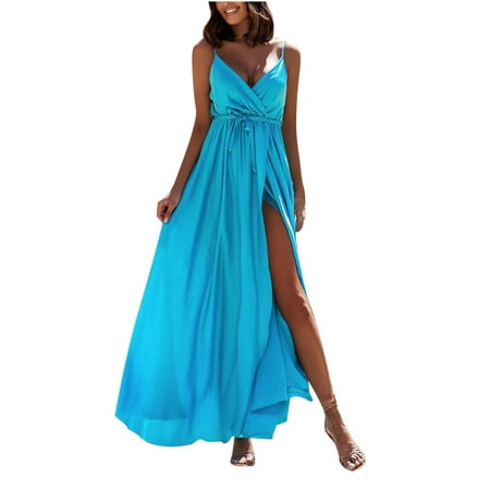 

Women s Summer Sleeveless Long Dresses Casual Deep V-Neck Satin Ruched Bodycon Cocktail Evening Side Slit Maxi Dress Solid Ruffle Camisoles Beach Wedding Cocktail Dresses