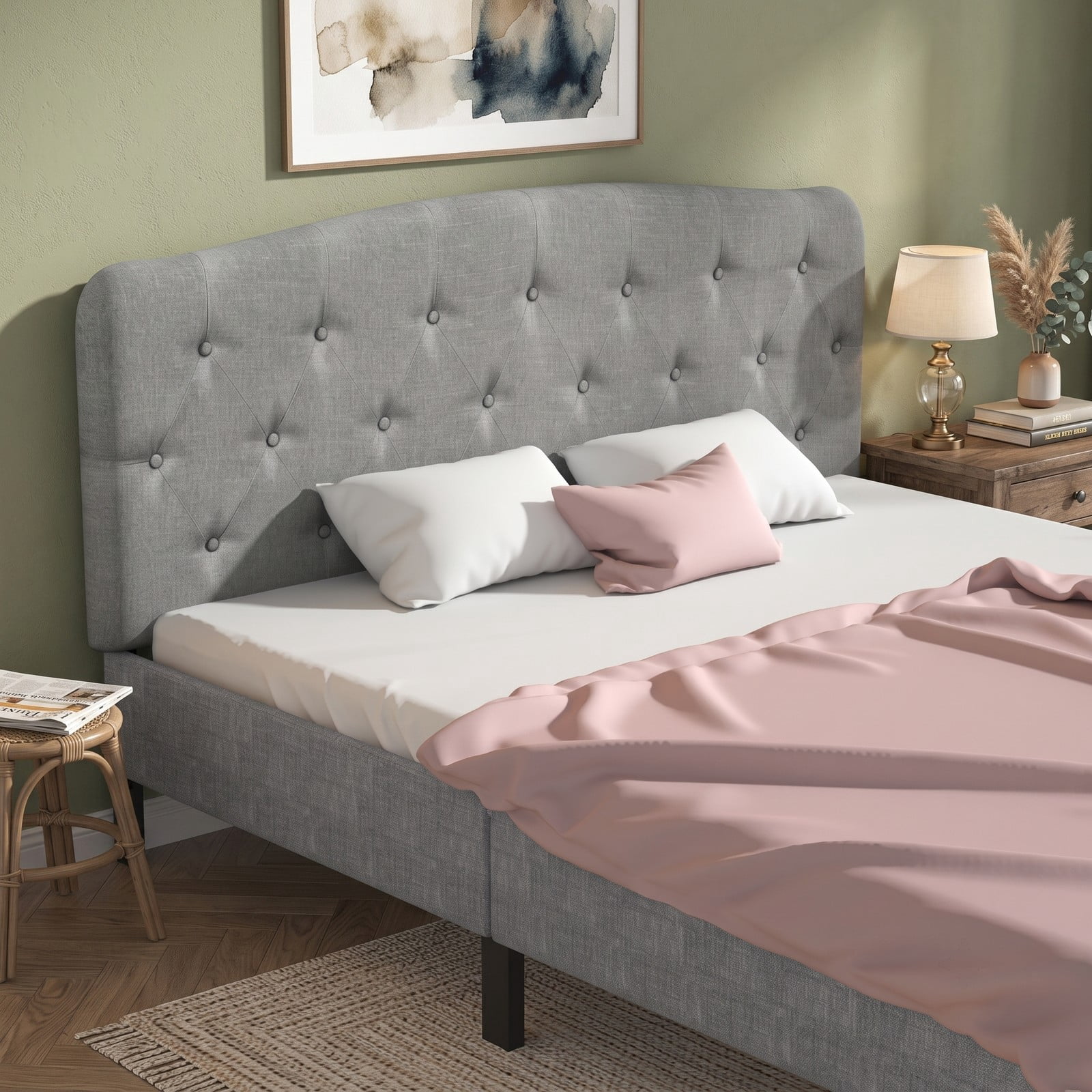 Furnibear Faux Linen Upholstered Full Size Headboard with Diamond Button Tufting and 2 Adjustable Heights for Bedroom and Guest Room, Light Gray