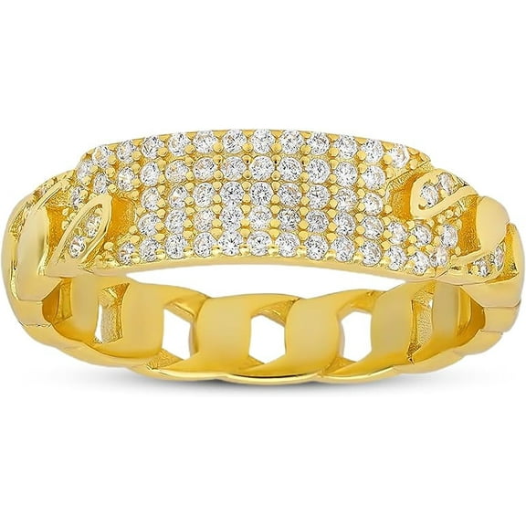14k Gold Over Silver Cubic Zirconia CZ Curb Link ID Ring