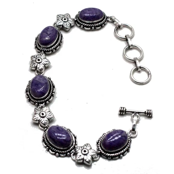 Purple Charoite Gemstone 925 Sterling Silver Handmade Jewelry Bracelet Size-7-8"