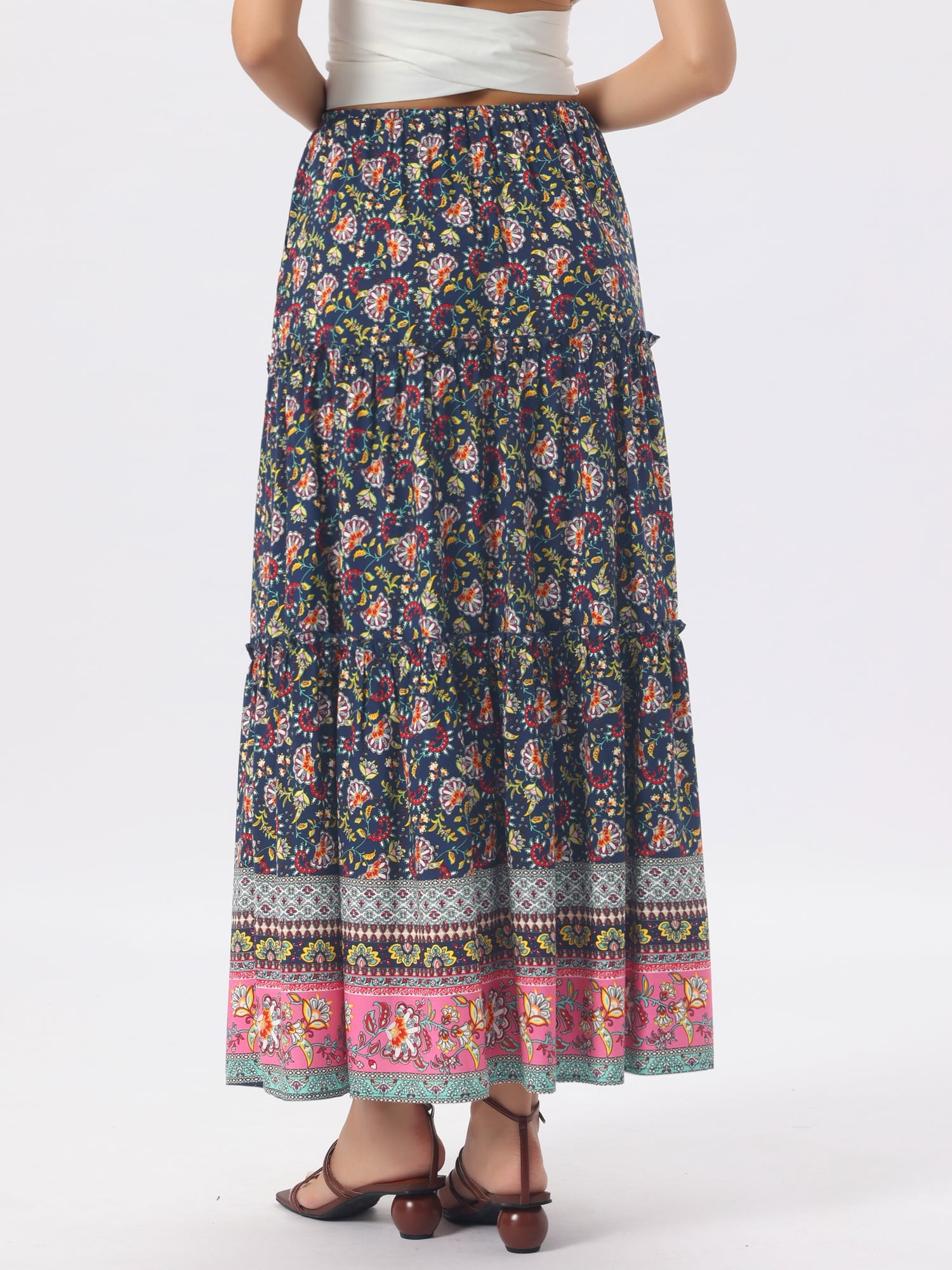 DARING DIVA Women's Floral Ruffle A Line Tiered Maxi Skirts Medium Dark Blue