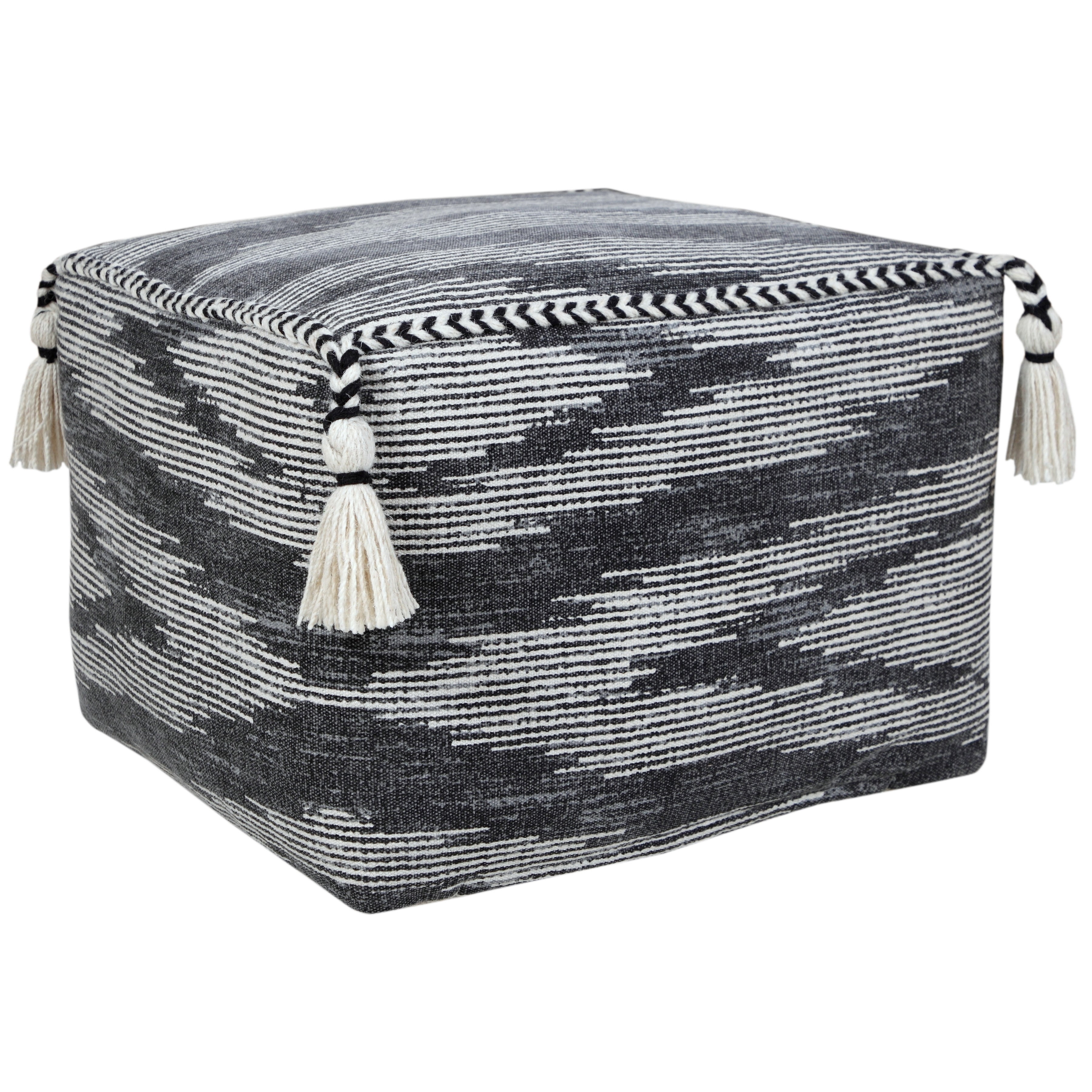 LR Home Small Tassels Chevron Indoor Square Pouf, Gray/Ivory, 18" x 18" x 14"
