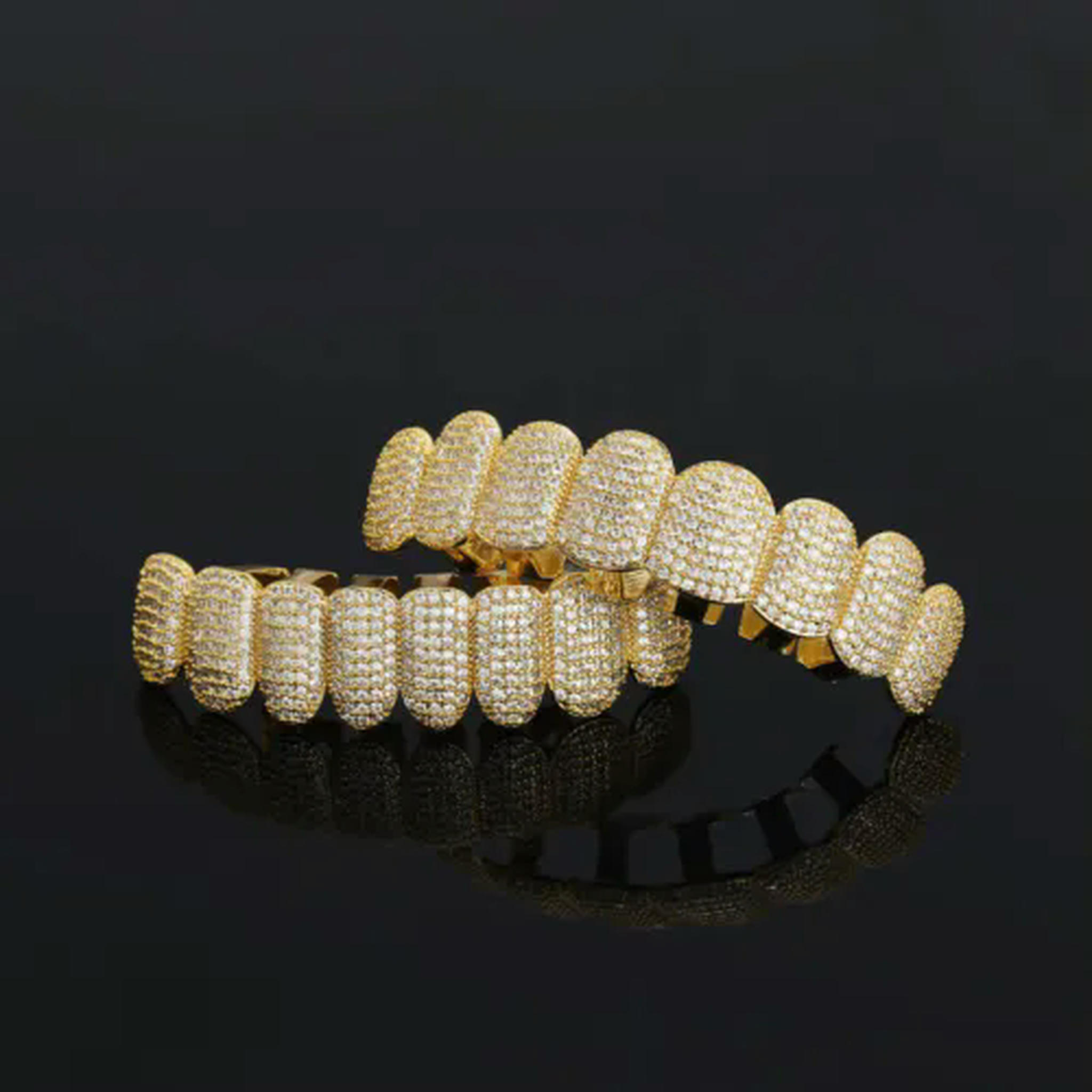 18K Gold Plated Hip Hop CZ Grillz – Top & Bottom Silver Teeth Set With Case (Unisex)